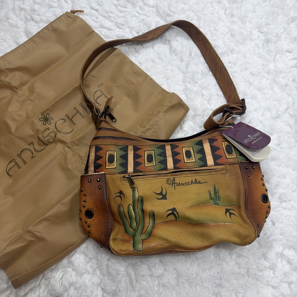 Anuschka Vintage Large Leather Handbag Southwest Cactus Handpainted Rare! New!!